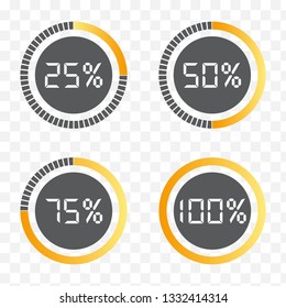 Set of circle percentage diagrams for infographics or UI. Colorful pie charts. Circular interval timer. Indicator with gradient from yellow to cyan (blue). From 0 to 100 percent. Design elements.