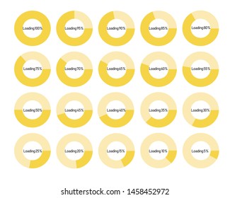 Set of circle percentage diagrams for infographics, 0 5 10 15 20 25 30 35 40 45 50 55 60 65 70 75 80 85 90 95 100 percent. Vector illustration.