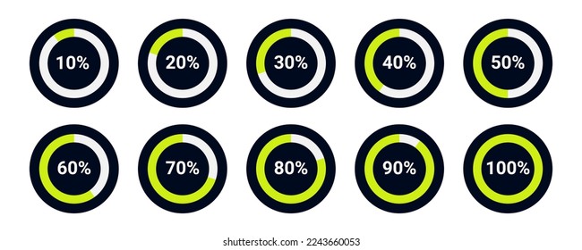 Set of circle percentage diagrams for infographics, Pie chart from 10 to 100. Vector illustration