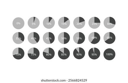 Set of circle percentage diagrams for infographics, 0 5 10 15 20 25 30 35 40 45 50 55 60 65 70 75 80 85 90 95 100 percent. Vector illustration. Set of pie charts from 0% to 100% (5% increments).