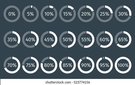 Set of circle percentage diagrams for infographics, 0 5 10 15 20 25 30 35 40 45 50 55 60 65 70 75 80 85 90 95 100 percent. Vector illustration.