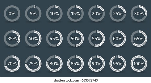 Set of circle percentage diagrams for infographics, 0 5 10 15 20 25 30 35 40 45 50 55 60 65 70 75 80 85 90 95 100 percent. Vector illustration.