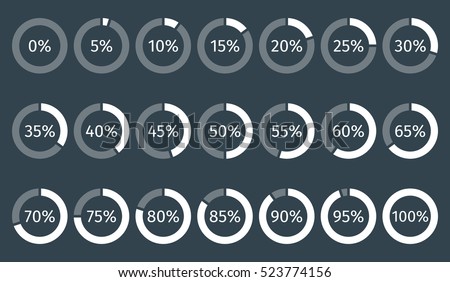 Set of circle percentage diagrams for infographics, 0 5 10 15 20 25 30 35 40 45 50 55 60 65 70 75 80 85 90 95 100 percent. Vector illustration.