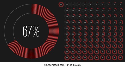 Set of circle percentage diagrams (meters) from 0 to 100 ready-to-use for web design, user interface (UI) or infographic - indicator with red