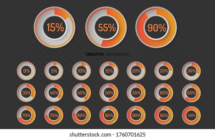 Set of circle percentage diagrams (meters) from 0 to 100 ready-to-use for web design. Vector illustration.