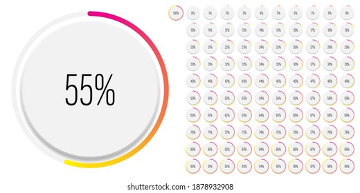 Set of circle percentage diagrams meters from 0 to 100 ready-to-use for web design, user interface UI or infographic with 3D concept - indicator with gradient from magenta hot pink to yellow