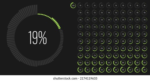 Conjunto de diagramas de porcentaje de círculo a partir de 0 a 100 m listos para ser utilizados para el diseño web, interfaz de usuario o infografía - indicador con verde