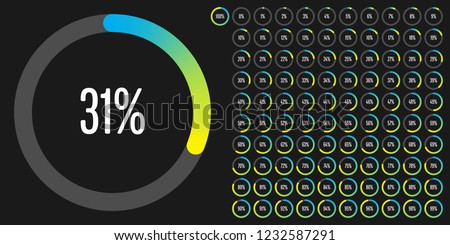 Set of circle percentage diagrams (meters) from 0 to 100 ready-to-use for web design, user interface (UI) or infographic - indicator with gradient from cyan (blue) to yellow