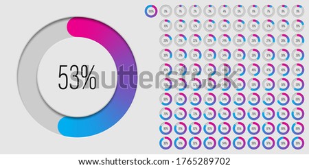 Set of circle percentage diagrams meters from 0 to 100 ready-to-use for web design, user interface UI or infographic 3D concept - indicator with gradient from magenta hot pink to cyan blue