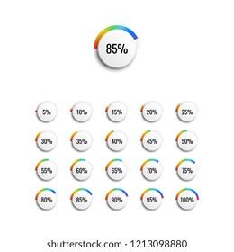 set of circle percentage diagrams with rainbow gradient indicator and 5% steps. vector illustration for infographic diagrams, web designs