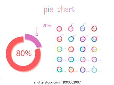 Set of circle percentage flow diagrams, pie chart for Your document, report, presentations for,infographics, 0 5 10 15 20 25 30 35 40 45 50 55 60 65 70 75 80 85 90 95 100 percent. Vector illustration.