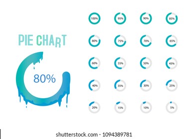 Set of circle percentage flow diagrams, pie chart for Your document, report, presentations for,infographics, 0 5 10 15 20 25 30 35 40 45 50 55 60 65 70 75 80 85 90 95 100 percent. Vector illustration.