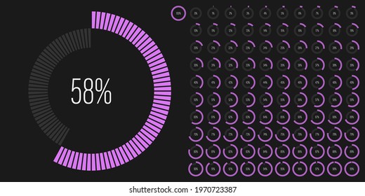 Set of circle percentage progress bar diagrams meters from 0 to 100 ready-to-use for web design, user interface UI or infographic - indicator with purple