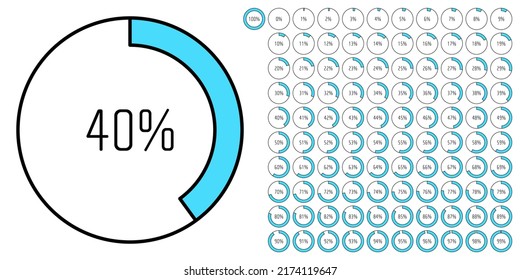 Set of circle percentage progress bar diagrams meters from 0 to 100 ready-to-use for web design, user interface UI or infographic - indicator with blue