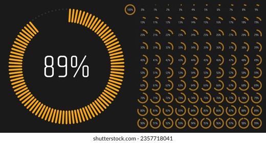 Conjunto de diagramas de barras de progreso de porcentaje de círculo de 0 a 100 listos para usar para diseño web, interfaz de usuario o infografía - indicador con amarillo