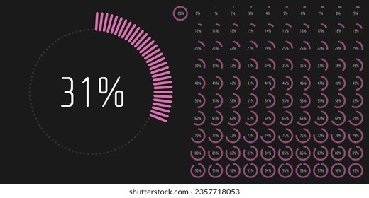 Set of circle percentage progress bar diagrams meters from 0 to 100 ready-to-use for web design, user interface UI or infographic - indicator with pink