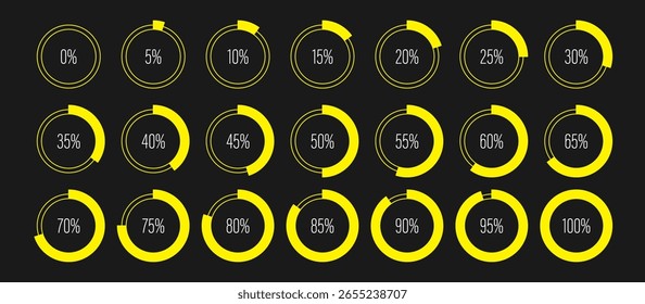 Satz von Kreis-Fortschrittsbalkendiagramm-Zählern für Webdesign, Benutzeroberfläche oder Infografik - Indikator mit gelber Farbe