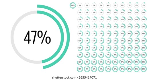 Set of circle percentage progress bar diagrams meters from 0 to 100 ready-to-use for web design, user interface UI or infographic - indicator with green
