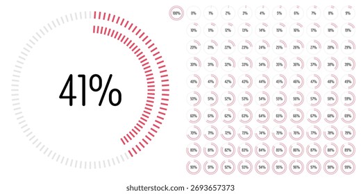 Conjunto de diagramas de barra de progreso porcentual circular medidores de 0 a 100 listos para usar para Diseño web, interfaz de usuario o infografía - indicador con rojo