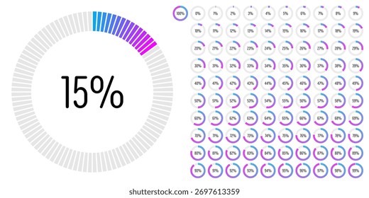 Conjunto de diagramas de barra de progreso porcentual circular de 0 a 100 listos para usar para Diseño web, interfaz de usuario o infografía: indicador con gradiente de azul cian a rosa magenta caliente