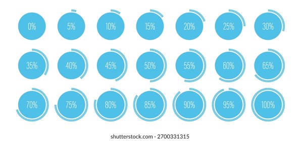 Conjunto de medidores de diagramas de barra de progreso porcentual circular para Diseño web, interfaz de usuario o infografía - indicador con azul