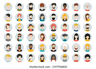 Set of circle persons, avatars, people heads  different nationality in flat style. Vector.