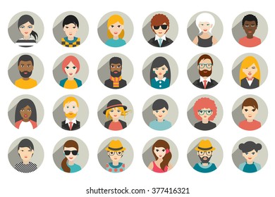 Set of circle persons, avatars, people heads  different nationality in flat style. Vector.