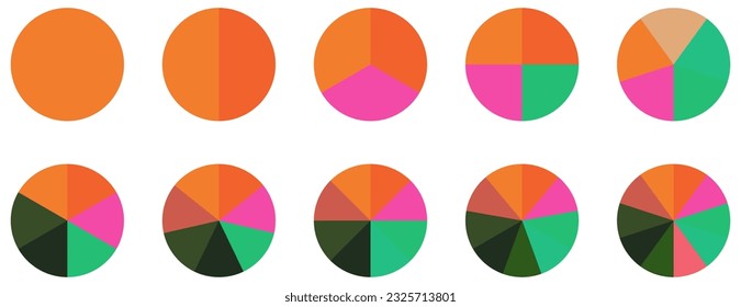 Set of circle pie chart icons. Colorful diagram with 10 sections. Vector illustration isolated on white background