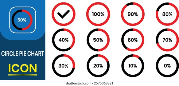 Set of Circle pie chart icons. Segment of circle icons 0% - 100%, loading data interface. Pie chart for data analysis, business presentation, Premium quality graphic design icon vector illustration.