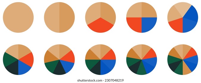 Satz von Kreispie-Schildern. Farbiges Diagramm mit 10 Abschnitten. Vektorgrafik