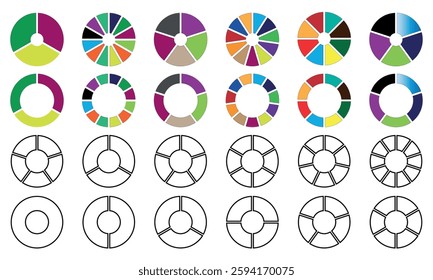 Set of circle pie charts diagrams. Donut pie charts, Diagrams infographic multicolored set. Set of different color circles isolated on white background. 