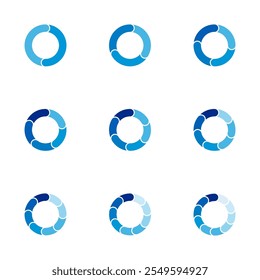 Conjunto de gráficos de pizza circular. Dados de análise financeira 2,3,4,5,6,7,8,9,10 seções elementos para apresentação de negócios, Ilustração de vetor