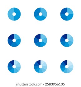 Set of circle pie charts. Financial analysis data 2,3,4,5,6,7,8,9,10 sections elements for business presentation, Vector Illustration