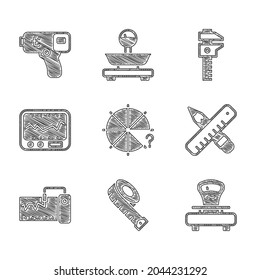 Set Kreis der Stücke, Messband, Skala, Crossed Lineal und Bleistift, Instrument, Kaliber- oder Kaliber-Skala und Digital Thermometer-Symbol. Vektorgrafik