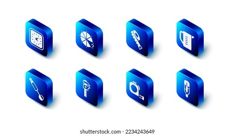 Set Circle of pieces, Measuring tape, cup, Medical thermometer, Roulette construction, Calliper or caliper and scale, spoon and Clock icon. Vector