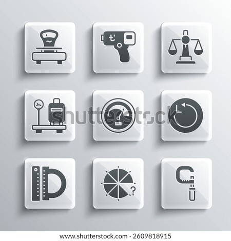 Set Circle of pieces, Micrometer, Radius, Speedometer, Protractor and ruler, Scale with suitcase, Scales and justice icon. Vector