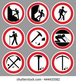 Set circle prohibition signs.
Tourists and geological services drawing icon - red, black and white color.