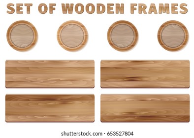 Set of circle and rectangular wooden frames on white background - vector illustration
