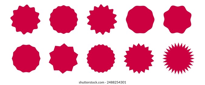 Set of circle red sticker. Wavy edge promo round badges. Star burst shape tags for prices. Blank sale stickers. Simple silhouette icon. Flat graphic vintage labels isolated on a white background.