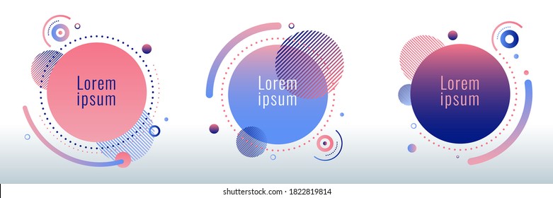 Conjunto de insignias redondeadas redondeadas de color rosa y azul gradiente sobre fondo blanco con elementos geométricos. Ilustración del vector