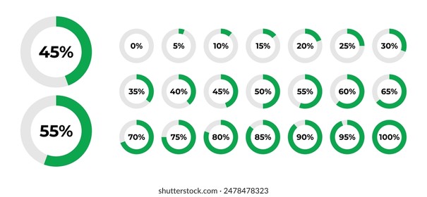 Set of circle round pie charts percentage diagrams vector design from 0 to 100 ready to use 