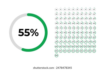 Set of circle round pie charts percentage diagrams vector design from 0 to 100 ready to use 