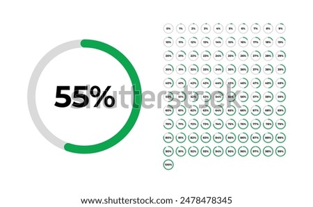 Set of circle round pie charts percentage diagrams vector design from 0 to 100 ready to use 