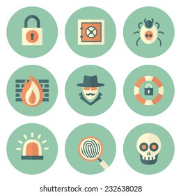 Set of Circle Security Icons to a Limited Color Palette in Flat Style