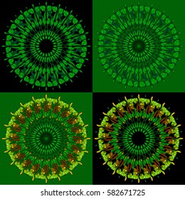 Set of circle shaped floral decorative ornament in different color variations on black and green background.