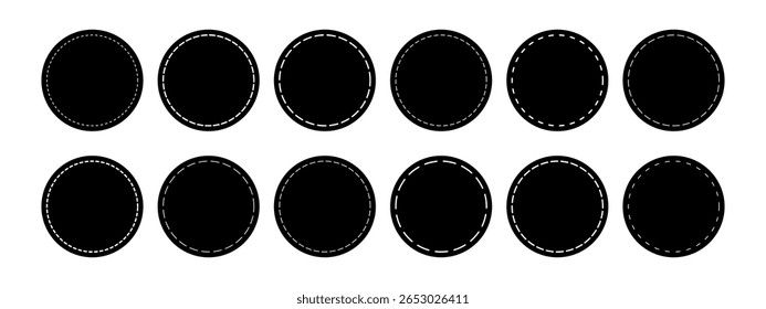 Conjunto de formas de círculo com linhas de borda tracejadas. Figuras arredondadas geométricas pontilhadas isoladas sobre fundo branco. Corte aqui pictogramas para cupons de venda ou etiquetas de preço. Ilustração gráfica vetorial.