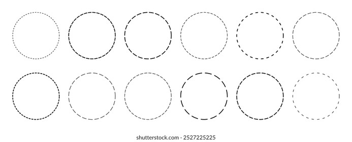 Conjunto de formas de círculo com linhas tracejadas. Figuras arredondadas geométricas pontilhadas isoladas sobre fundo branco. Recorte aqui pictogramas para cupons ou etiquetas. Ilustração de contorno de vetor.