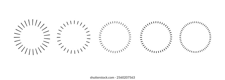 Set of circle shapes with dashed lines, Dashed and dotted circle icon. Black and white broken rings. Dotted round lines, Cut here pictograms for coupons or tags. Vector outline.