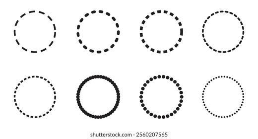 Set of circle shapes with dashed lines, Dashed and dotted circle icon. Black and white broken rings. Dotted round lines, Cut here pictograms for coupons or tags. Vector outline.