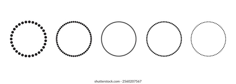 Set of circle shapes with dashed lines, Dashed and dotted circle icon. Black and white broken rings. Dotted round lines, Cut here pictograms for coupons or tags. Vector outline.